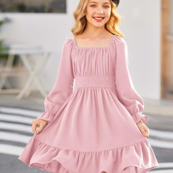 Girls Long Sleeve Tie Back Off Shoulder Dress - Pink, 11-12 Years - Picture 2 of 6